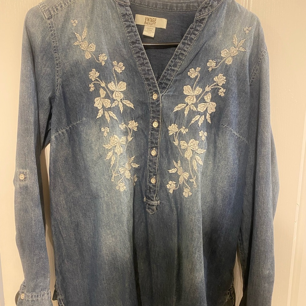 Embroidered Denim Tunic Top